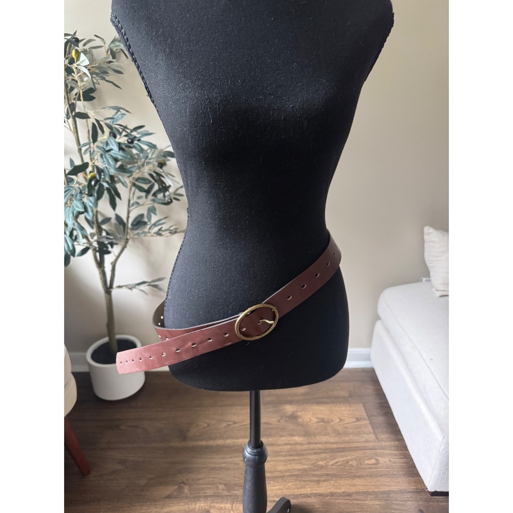 Brown Faux Leather Belt Antique Brass Round Buckle Adjustable Waist Cinch